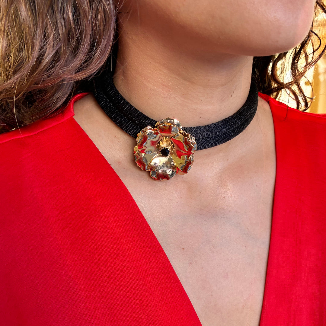 Black silk cord necklace with Flower Preciosa crystals