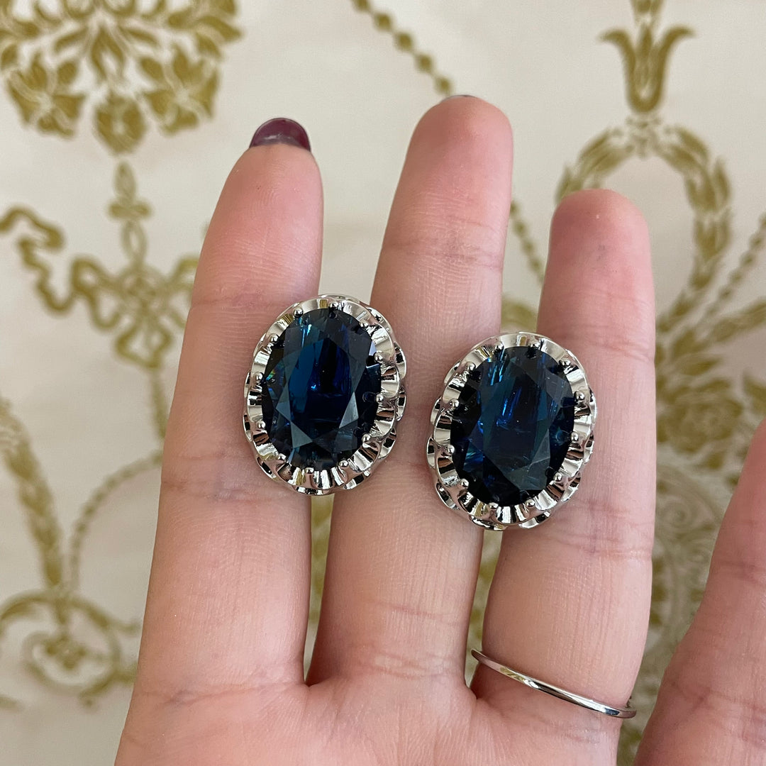 Navy blue oval clips earrings