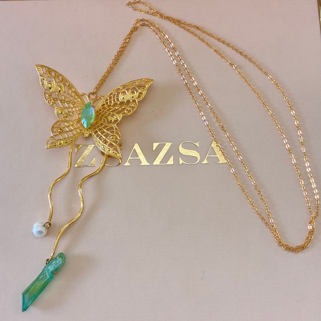 Handmade butterfly green Swarovski long necklace