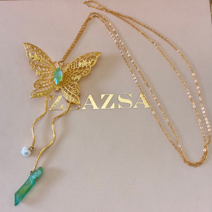 Handmade butterfly green Swarovski long necklace