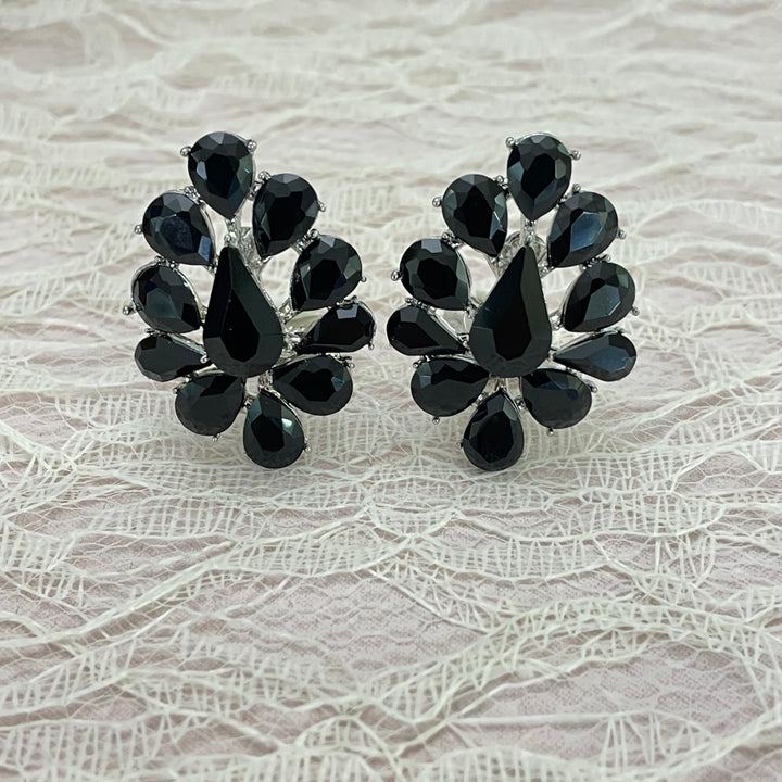 Black teardrop silver clip on earrings