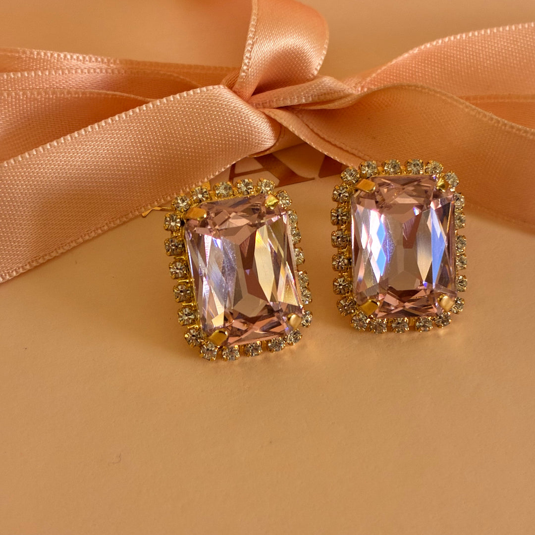 Pink Swarovski crystals square gold plated earrings