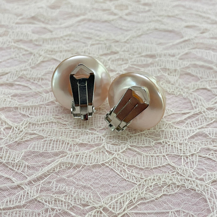 Pink half ball pearl clips earrings