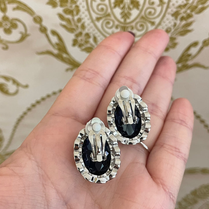 Navy blue oval clips earrings