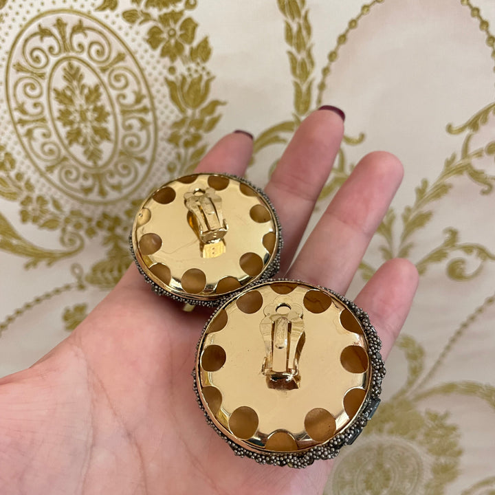 huge Round Stone Cluster Dome Clip on Earrings