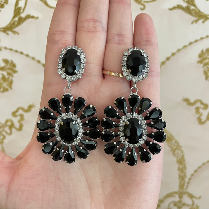 Black rhinestone silver earrings
