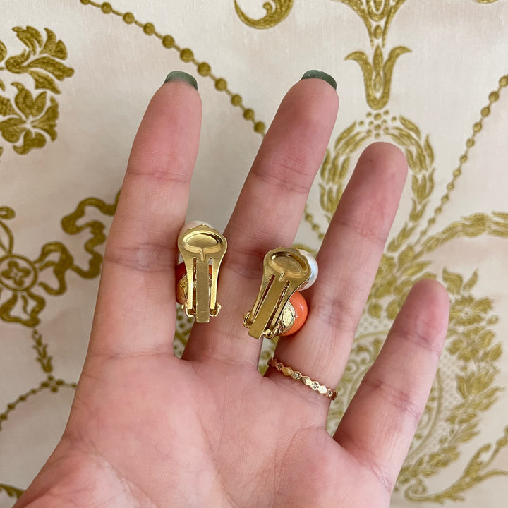 Coral & pearl clips earrings large