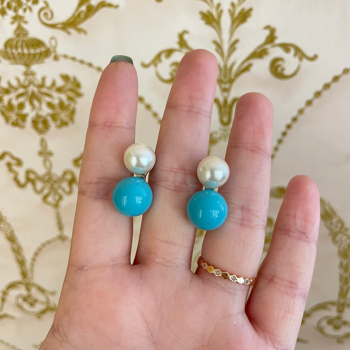 Turquoise and pearl clips earrings