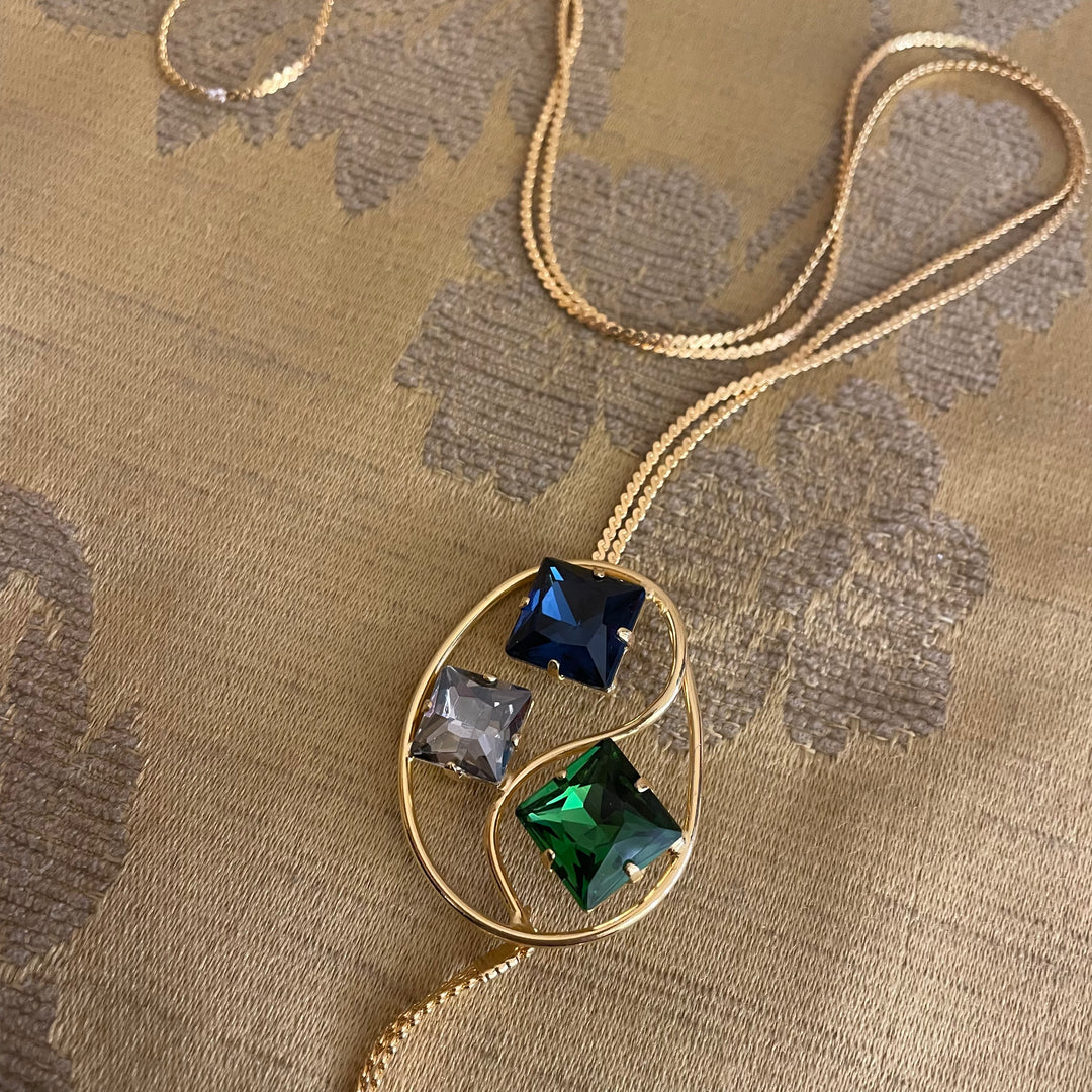 Grey, green and blue Swarovski Crystal long necklace