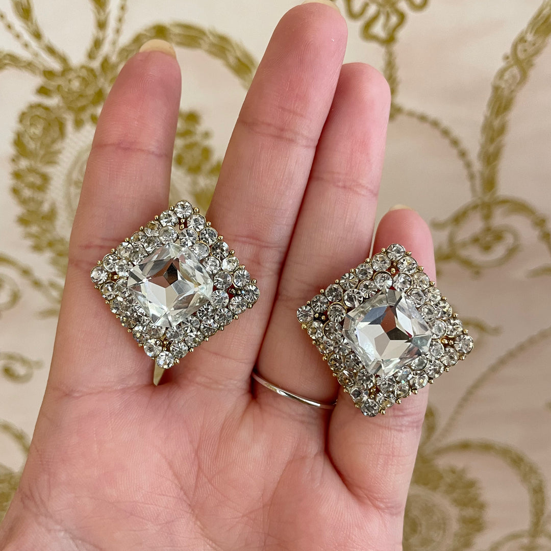 Square rhinestone clips earrings