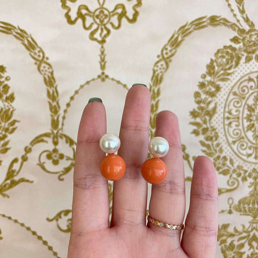 Coral & pearl clips earrings large