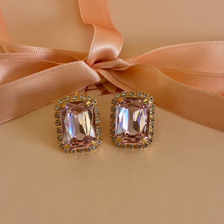 Pink Swarovski crystals square gold plated earrings