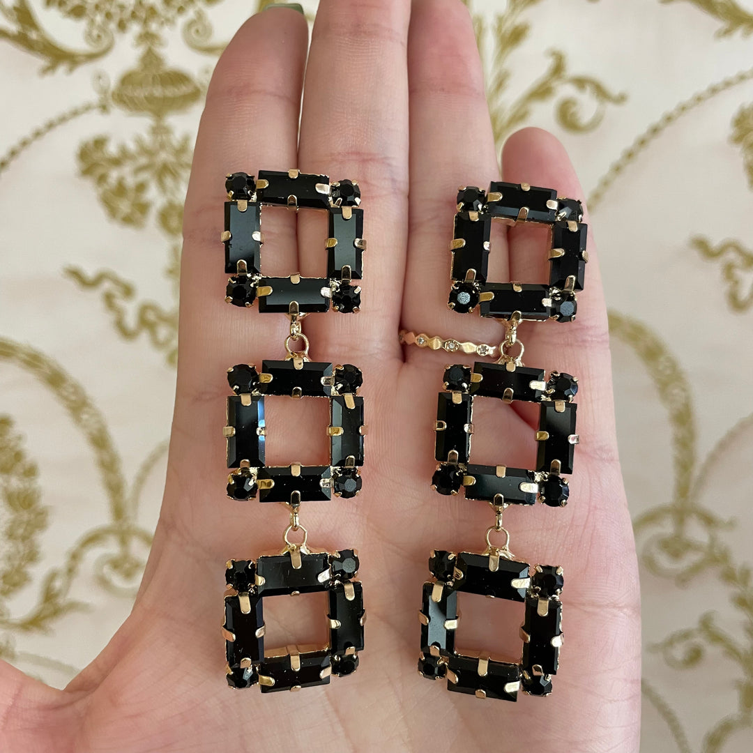 Black gold square elegant earrings