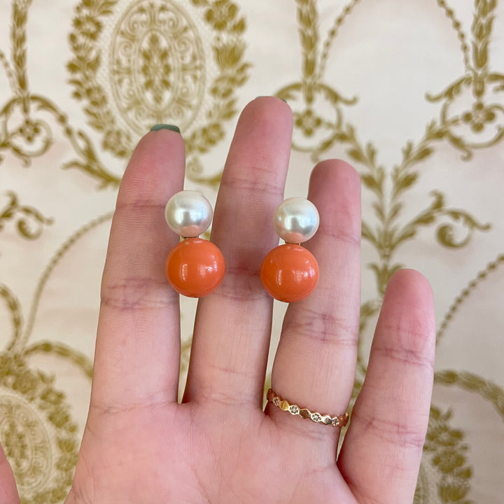 Coral and pearl clips earrings medium