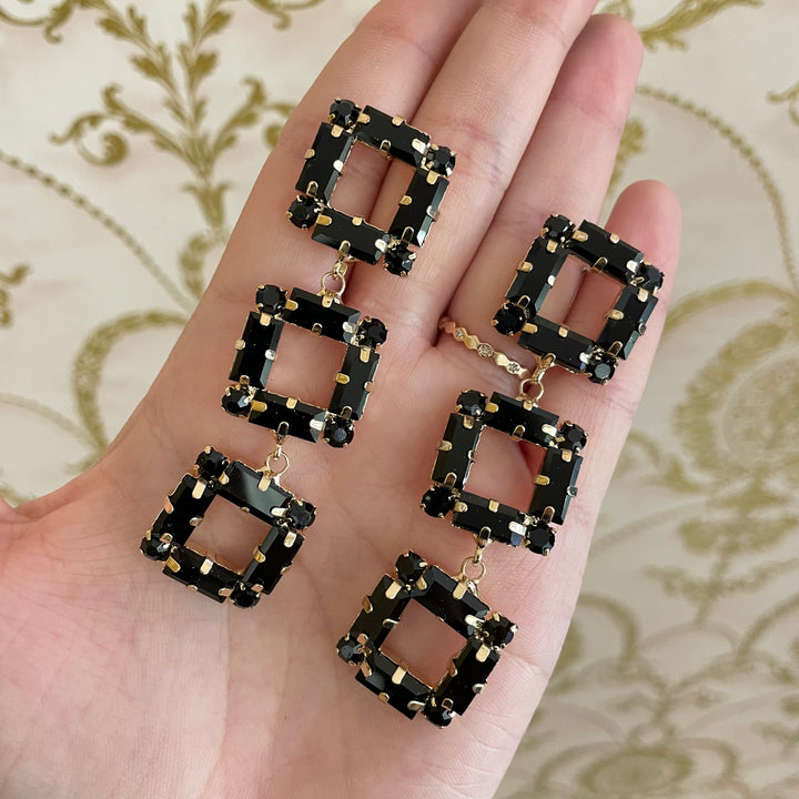 Black gold square elegant earrings
