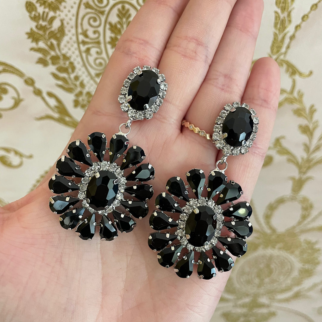 Black rhinestone silver earrings