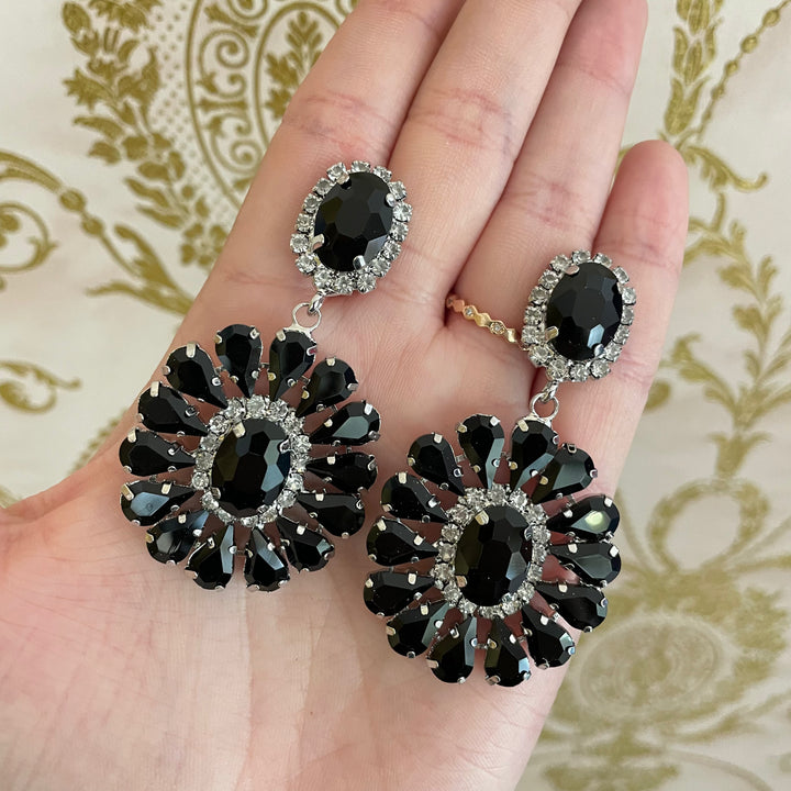 Black rhinestone silver earrings