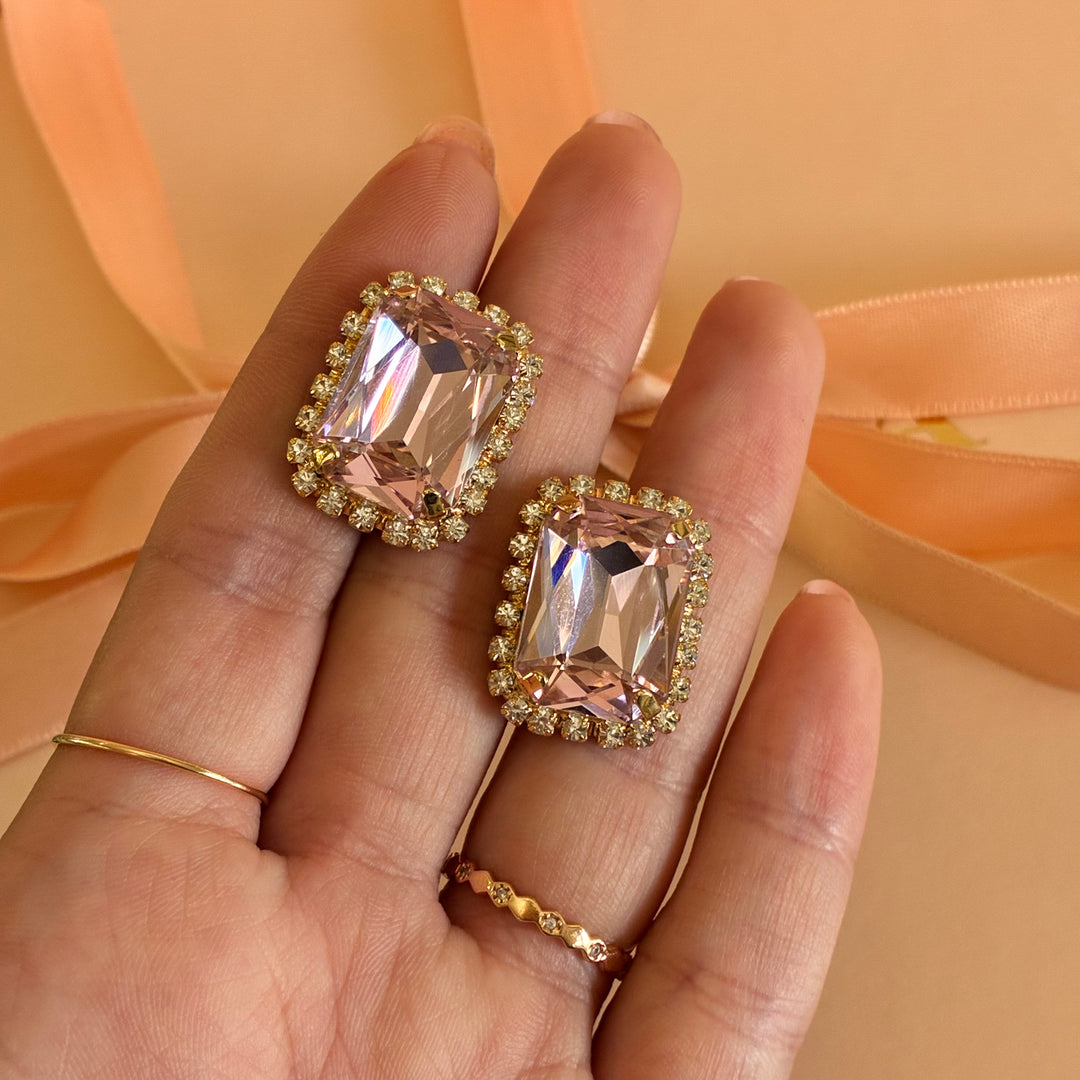 Pink Swarovski crystals square gold plated earrings
