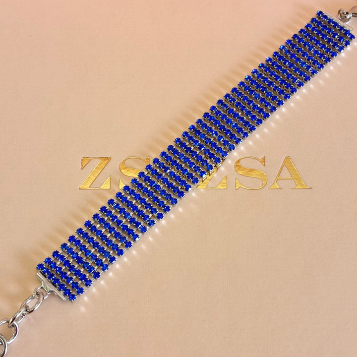 Royal blue thick Swarovski crystals silver bracelet