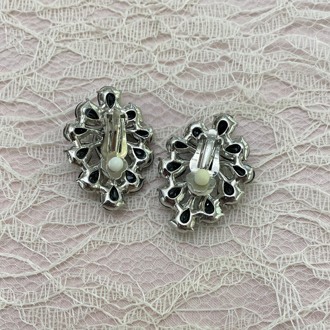 Black teardrop silver clip on earrings