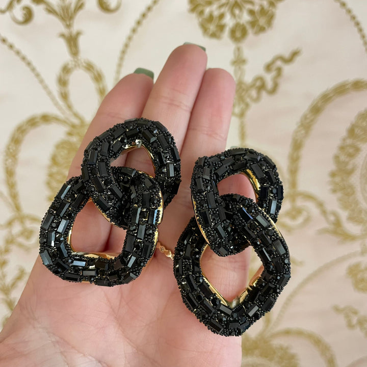 Black Stone Embellished Link Evening gold plated earrings