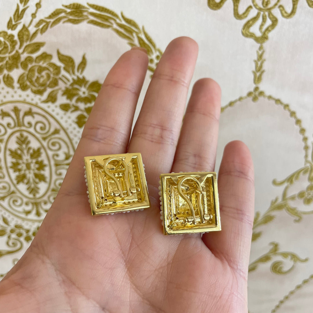 Gold square set with fresh water pearls