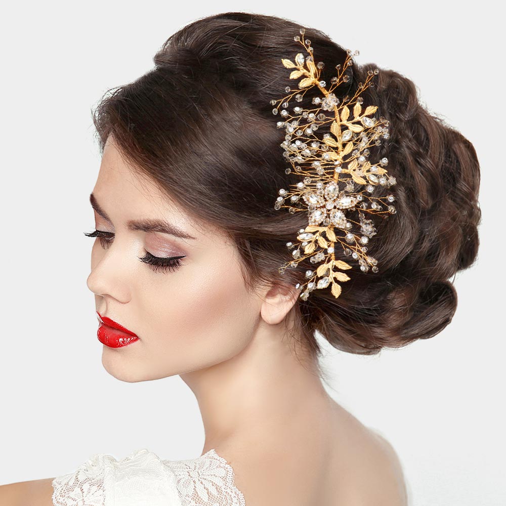 Stone Embellished Flower Leaf Hair Comb