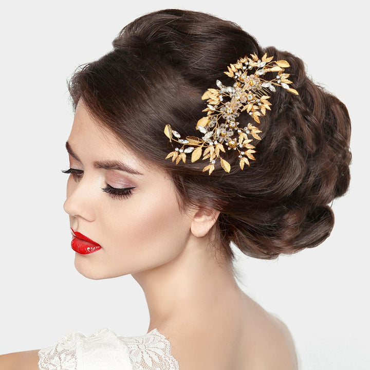 Stone Embellished Flower Leaf Hair Comb