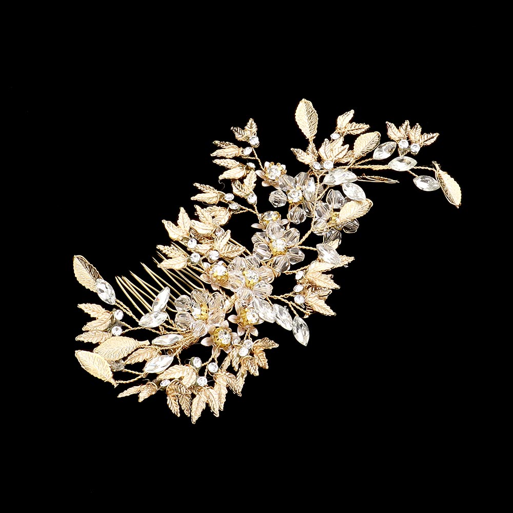 Stone Embellished Flower Leaf Hair Comb