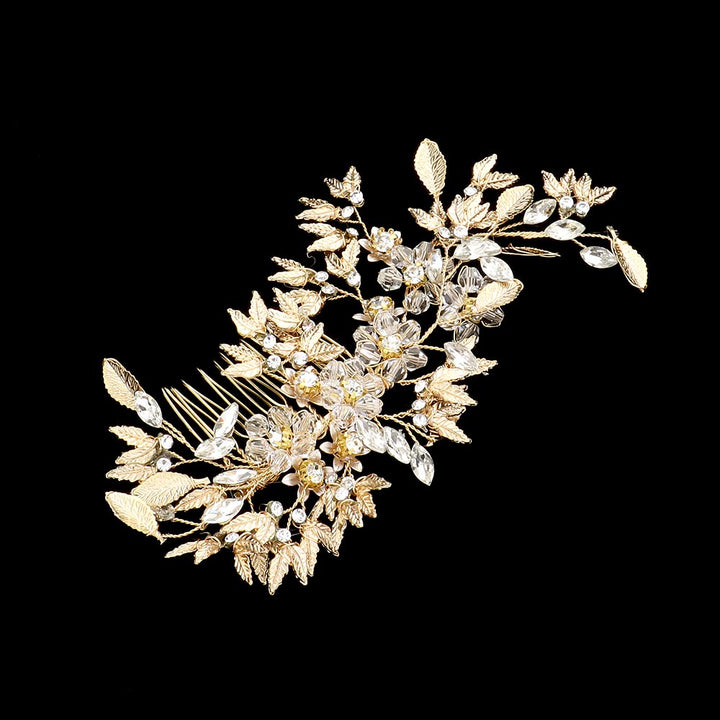 Stone Embellished Flower Leaf Hair Comb
