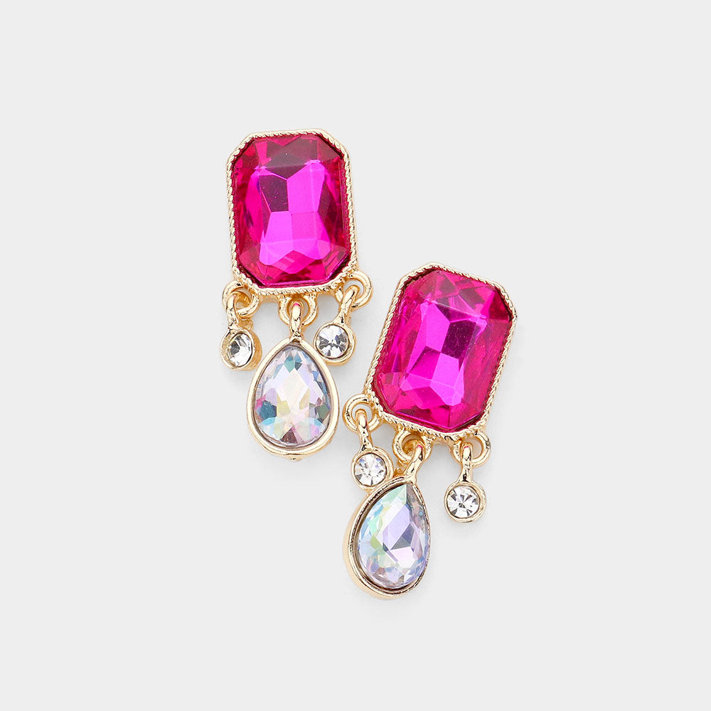 • Emerald Cut Stone Accented Round Teardrop Link Dangle Evening Earrings