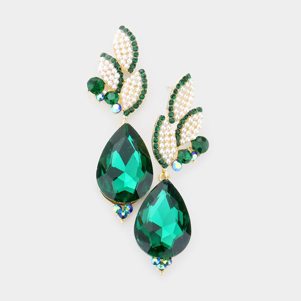 Crystal Rhinestone Pave Leaf Teardrop Evening Earrings