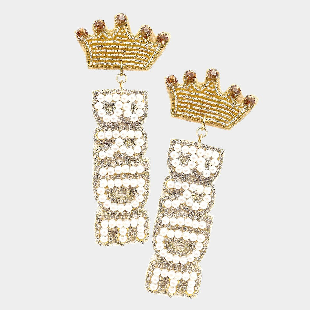 BRIDE Felt Back Pearl Rhinestone Message Dangle Earrings