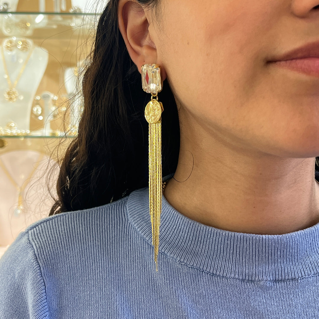 Swarovski crystals Rectangular gold plated long earrings
