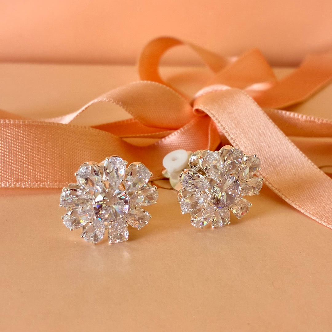 Flower zircone silver clip on earrings