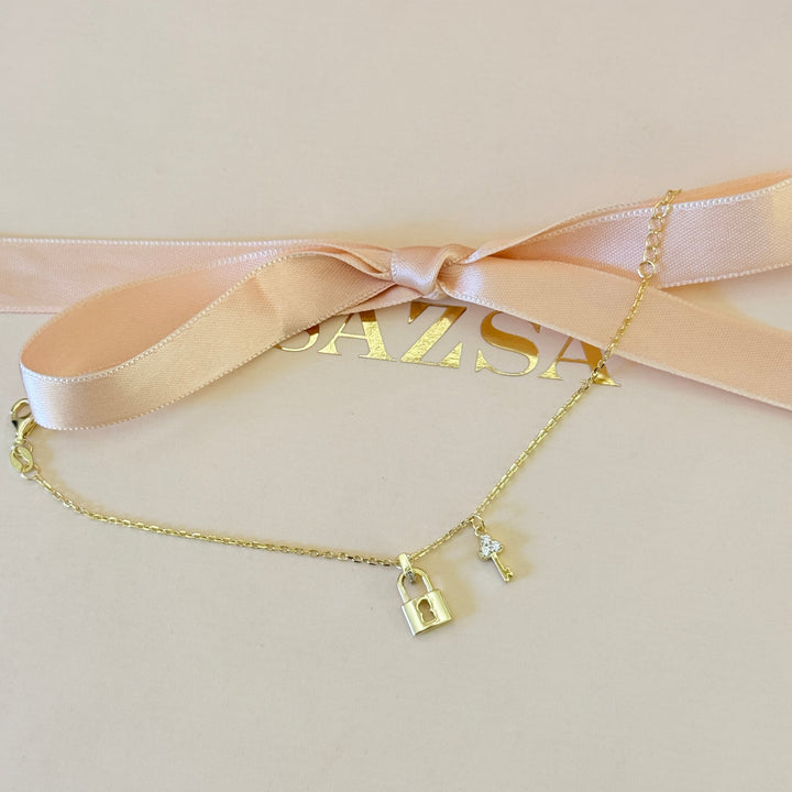 Silver925 Zircone gold plated Padlock and key bracelet