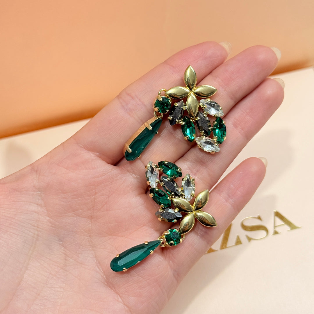 Green and grey Swarovski crystals gold plated earrings