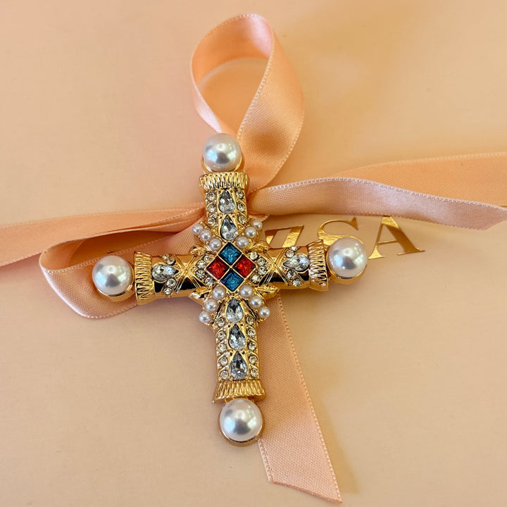 Cross pearl and rhinestone gold plated brooch