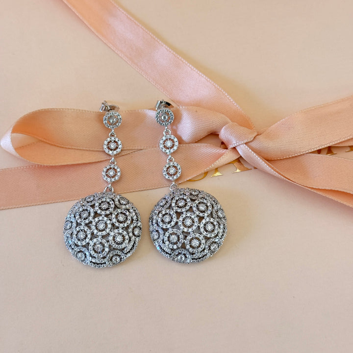 Round zircone silver long earrings