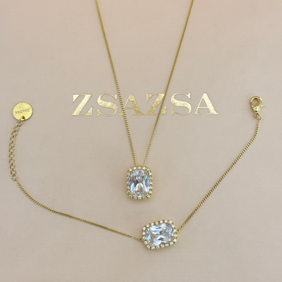 Zircone Rectangular gold plated pendant & bracelet
