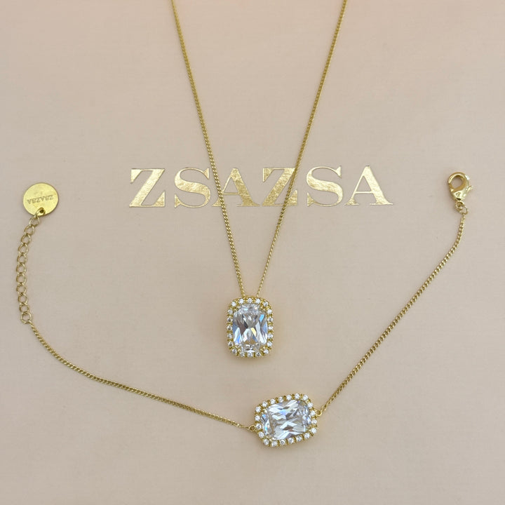 Zircone Rectangular gold plated pendant & bracelet