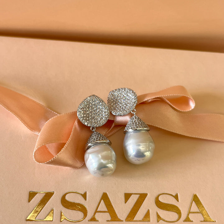 Zicone and white Baroque pearl white gold plated earrings