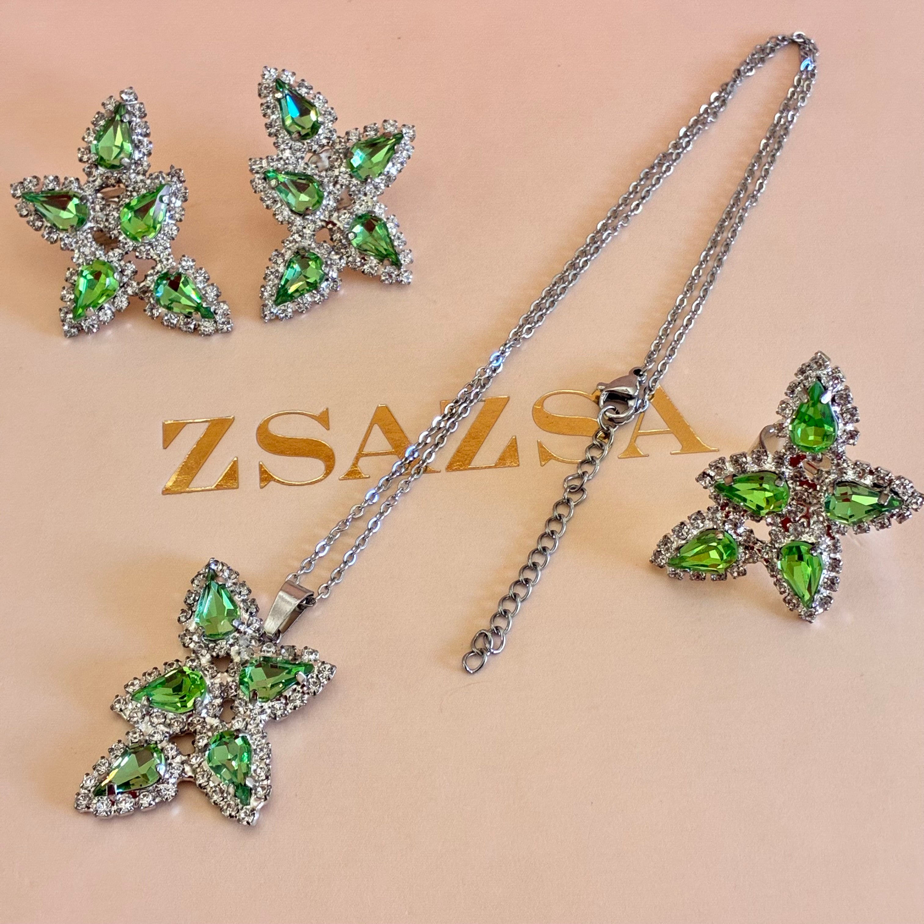 Green teardrops Swarovski crystals silver set