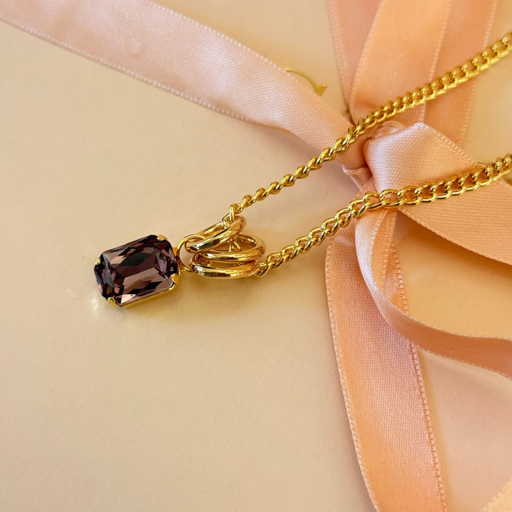 Rectangular mauve Swarovski crystals gold plated pendant