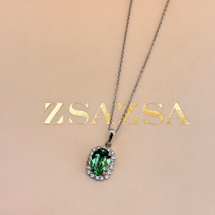 Green oval Preciosa crystals silver pendant