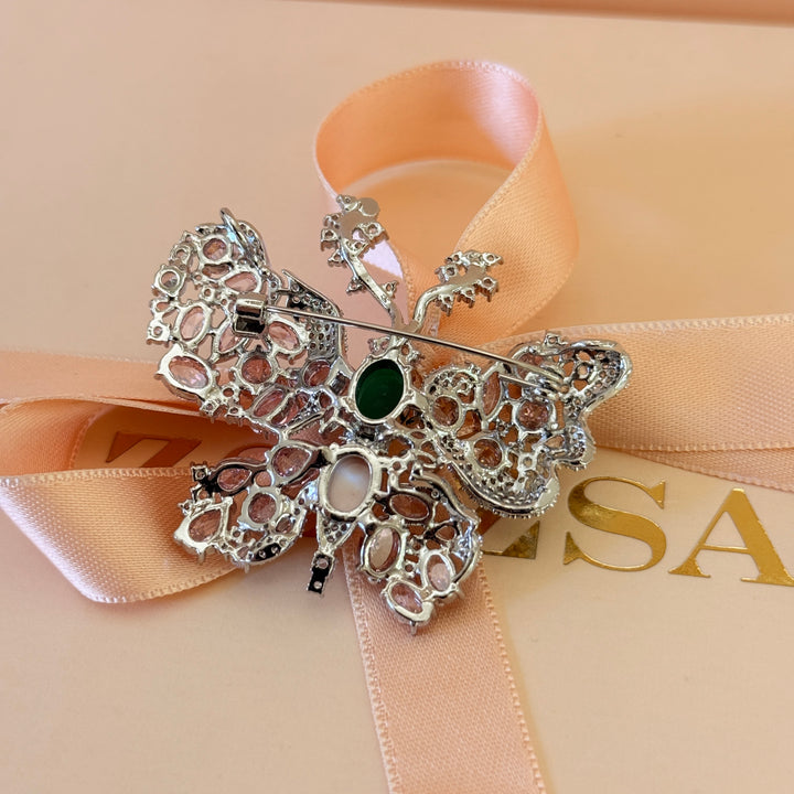 Butterfly pink and green silver brooch