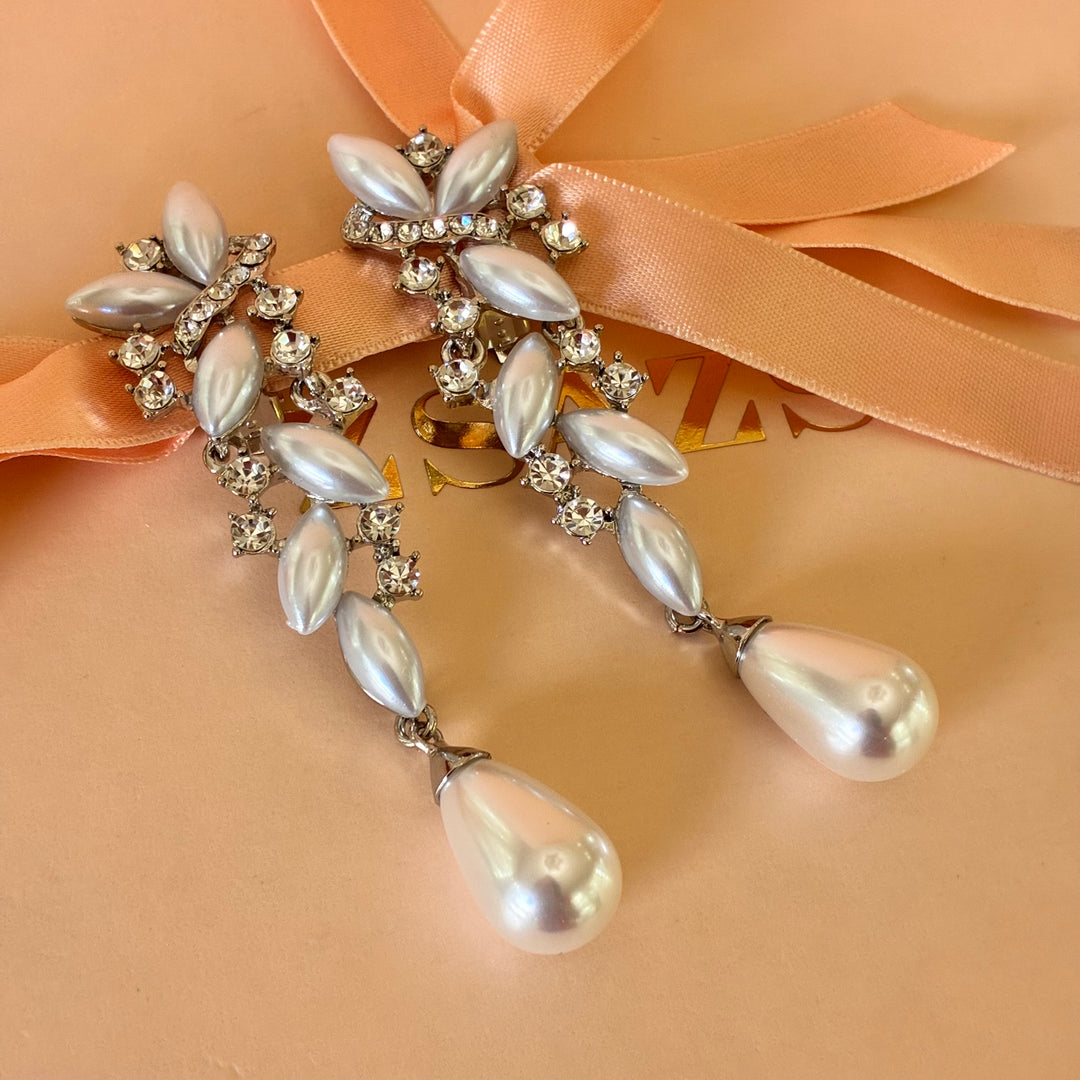 Marquise pearl long clip on earrings