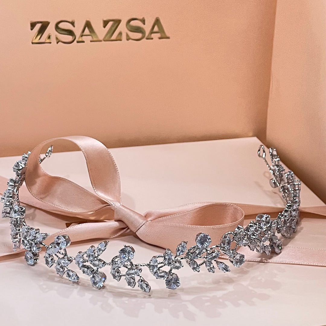 Silver leaf cubic zircone flexible headpiece