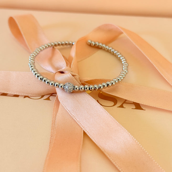 Dainty ball plain and zircon silver bangle