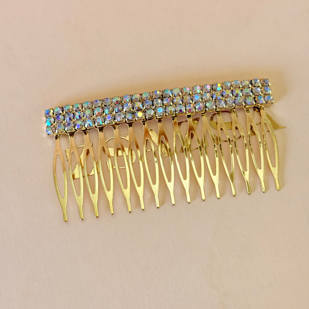 Rhinestone 3 rows aurora borealis gold comb